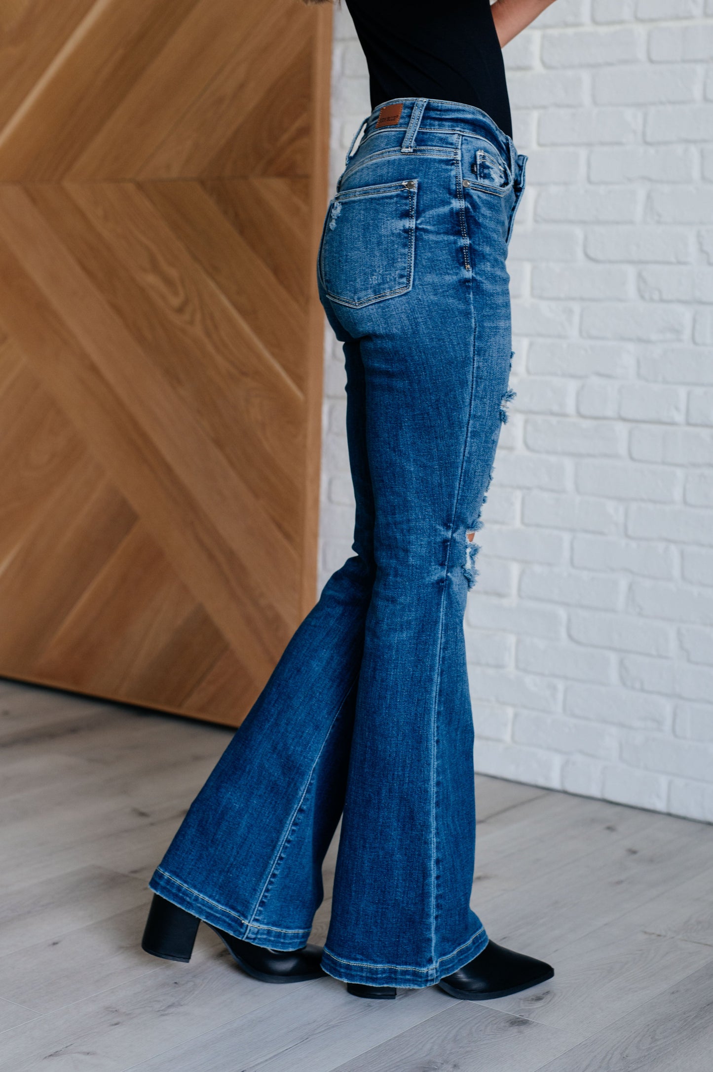 Gabriella Mid Rise Distressed Button Fly Flare Jeans MadreForte LLC