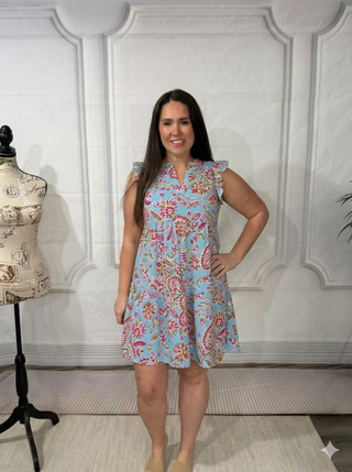 Lizzy Forever Flutter Sleeve Dress in Blue and Pink Paisley Floral