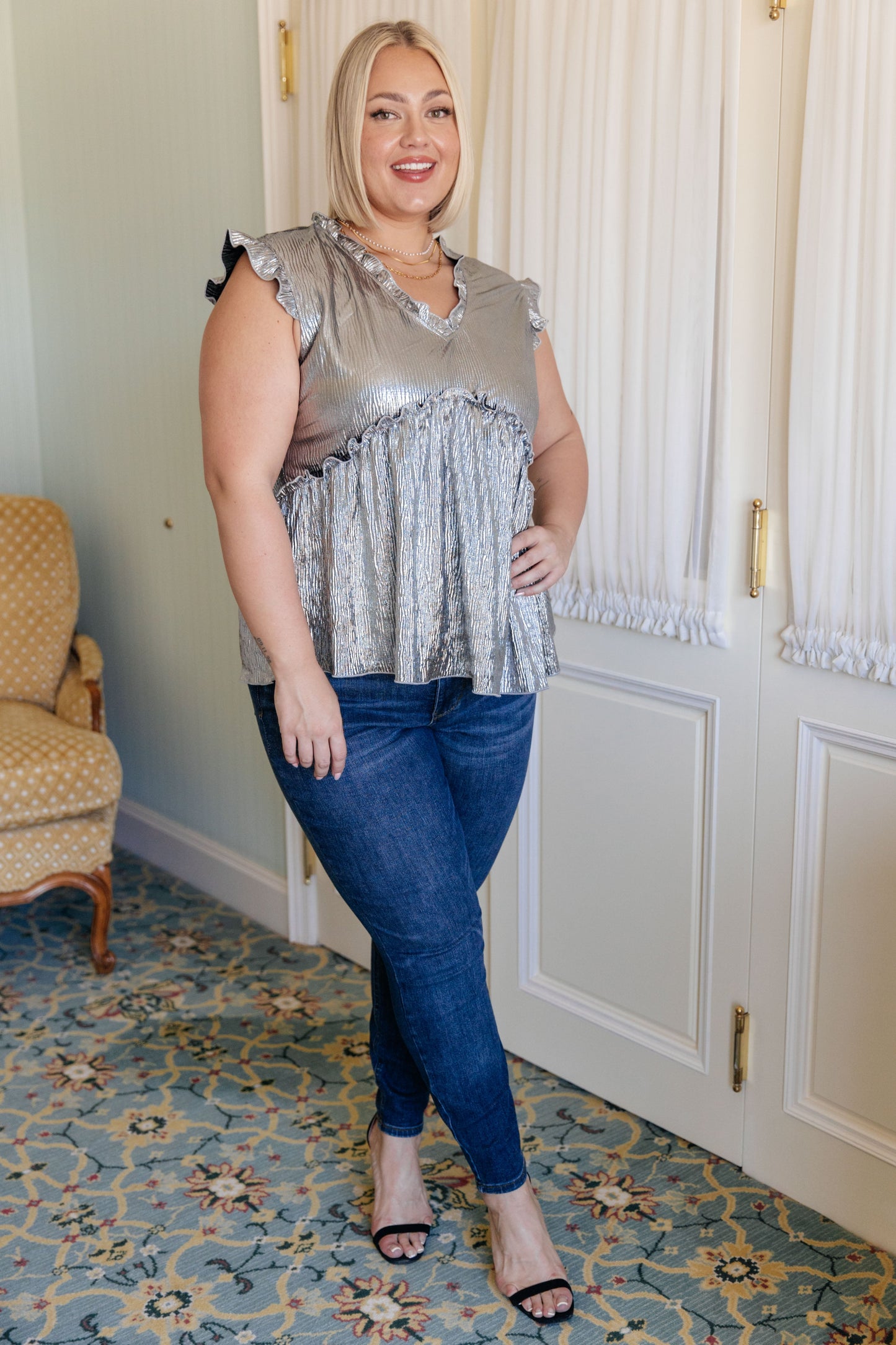 Shine On Metallic Peplum Top MadreForte LLC