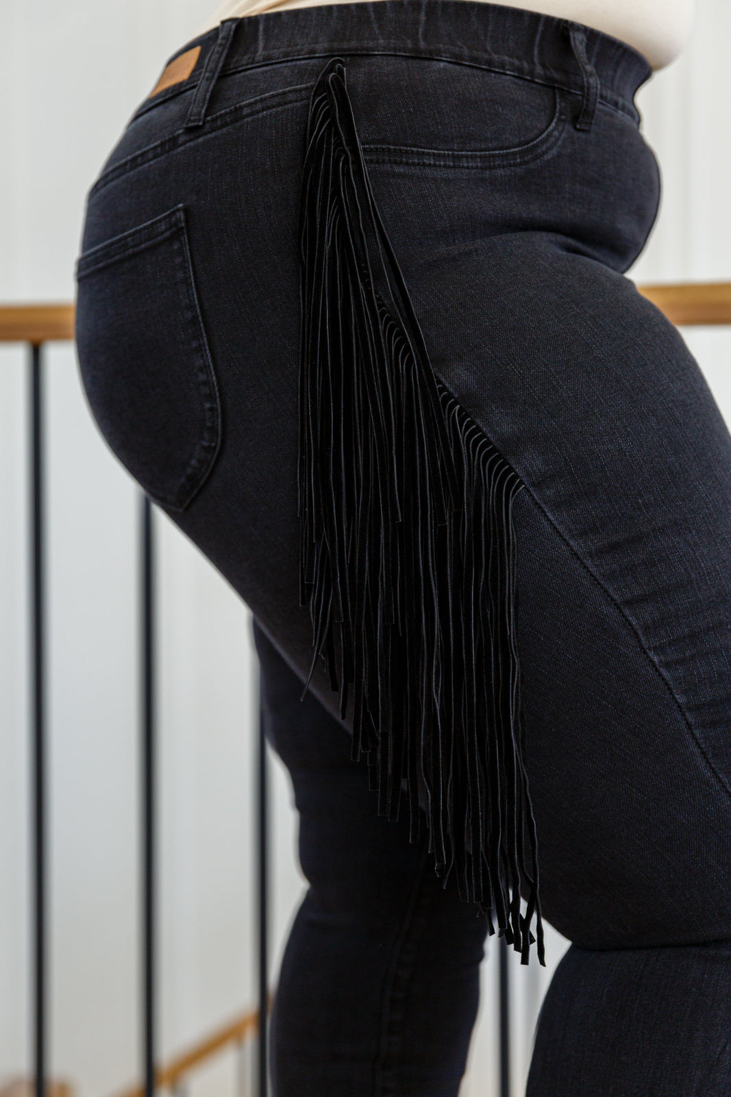 Hilary Side Fringe Skinny Jegging In Black MadreForte LLC