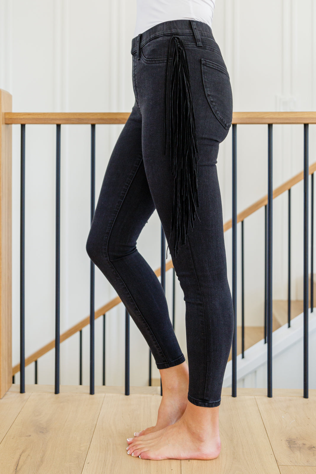 Hilary Side Fringe Skinny Jegging In Black MadreForte LLC