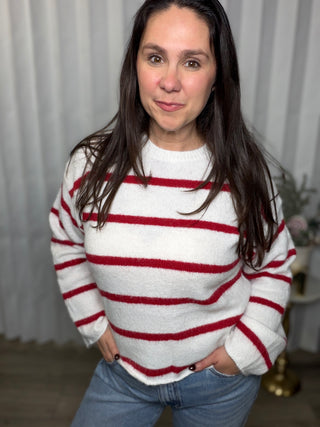 Softly Secure Drop Shoulder Sweater in Red and White