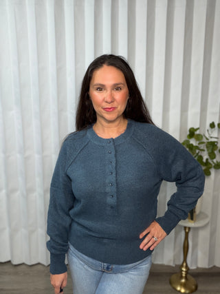 Just For Me Henley Brushed Pullover in Dusty Blue