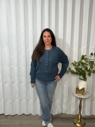 Just For Me Henley Brushed Pullover in Dusty Blue