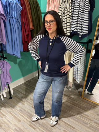 Stripe Contrast Hooded Knit Top Navy Blue