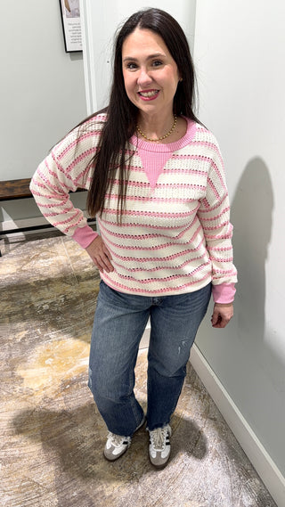 Pink Loose Fit Striped Knit Pullover Sweater