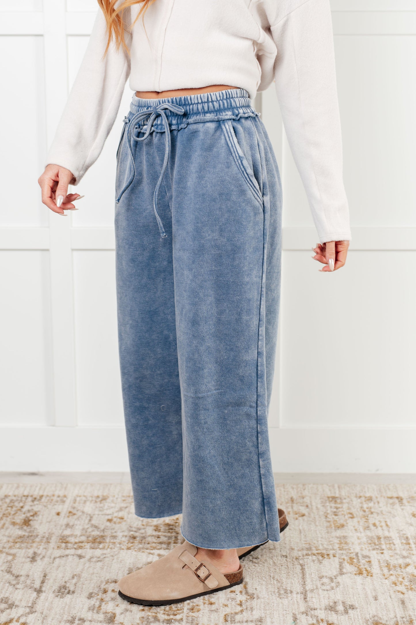 In or Out Wide Leg Cropped Pants in Dusty Blue MadreForte LLC