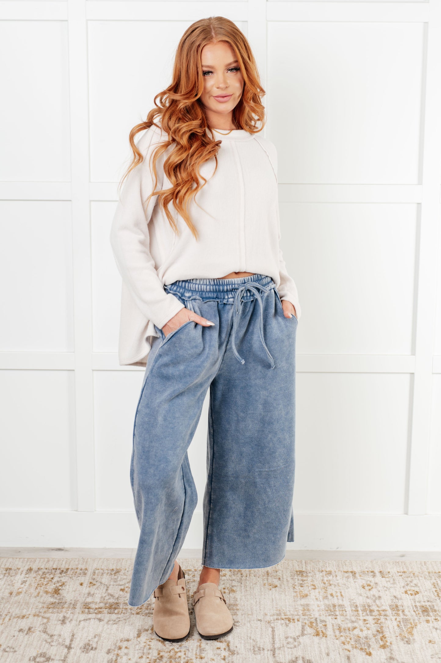 In or Out Wide Leg Cropped Pants in Dusty Blue MadreForte LLC