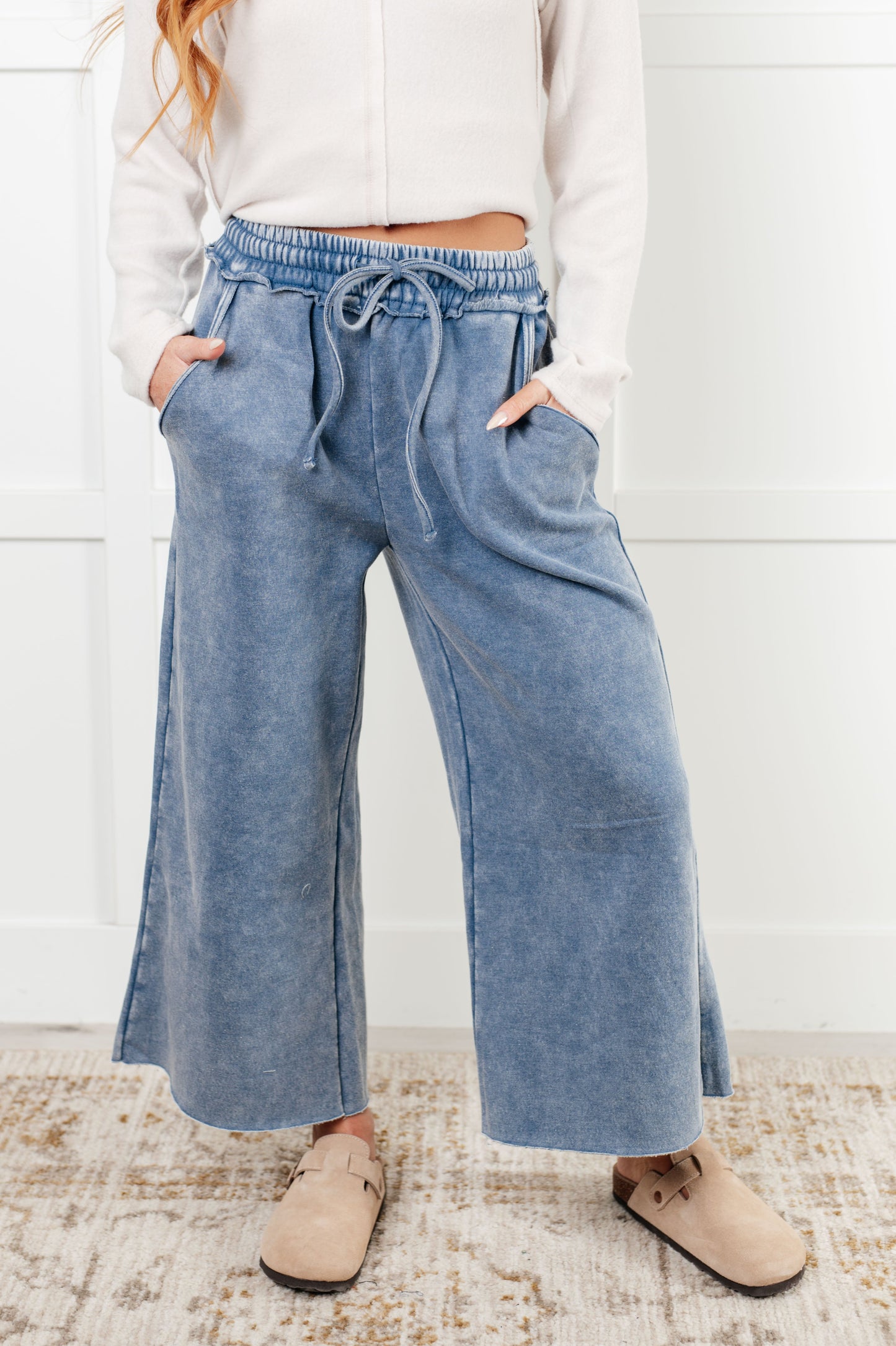 In or Out Wide Leg Cropped Pants in Dusty Blue MadreForte LLC