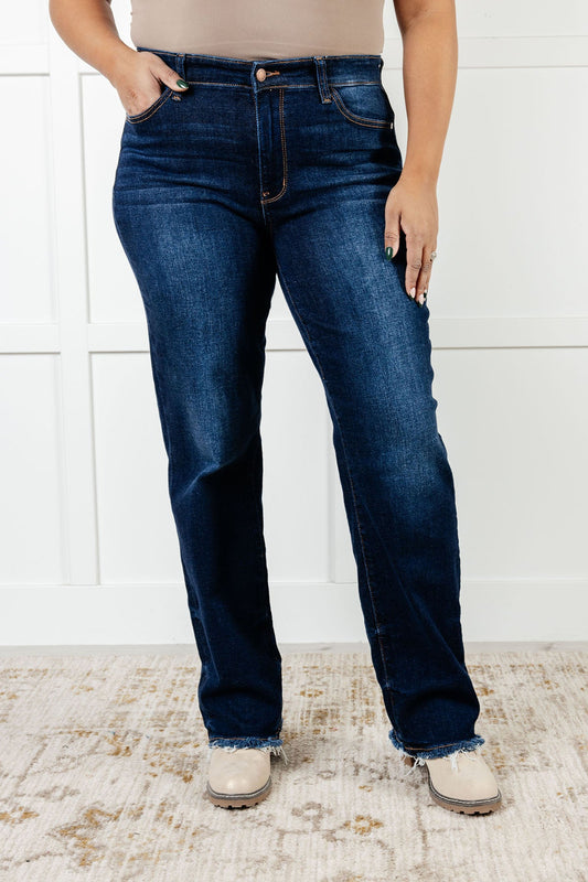 Jacqueline Mid Rise Frayed Hem Straight Leg Jean MadreForte LLC