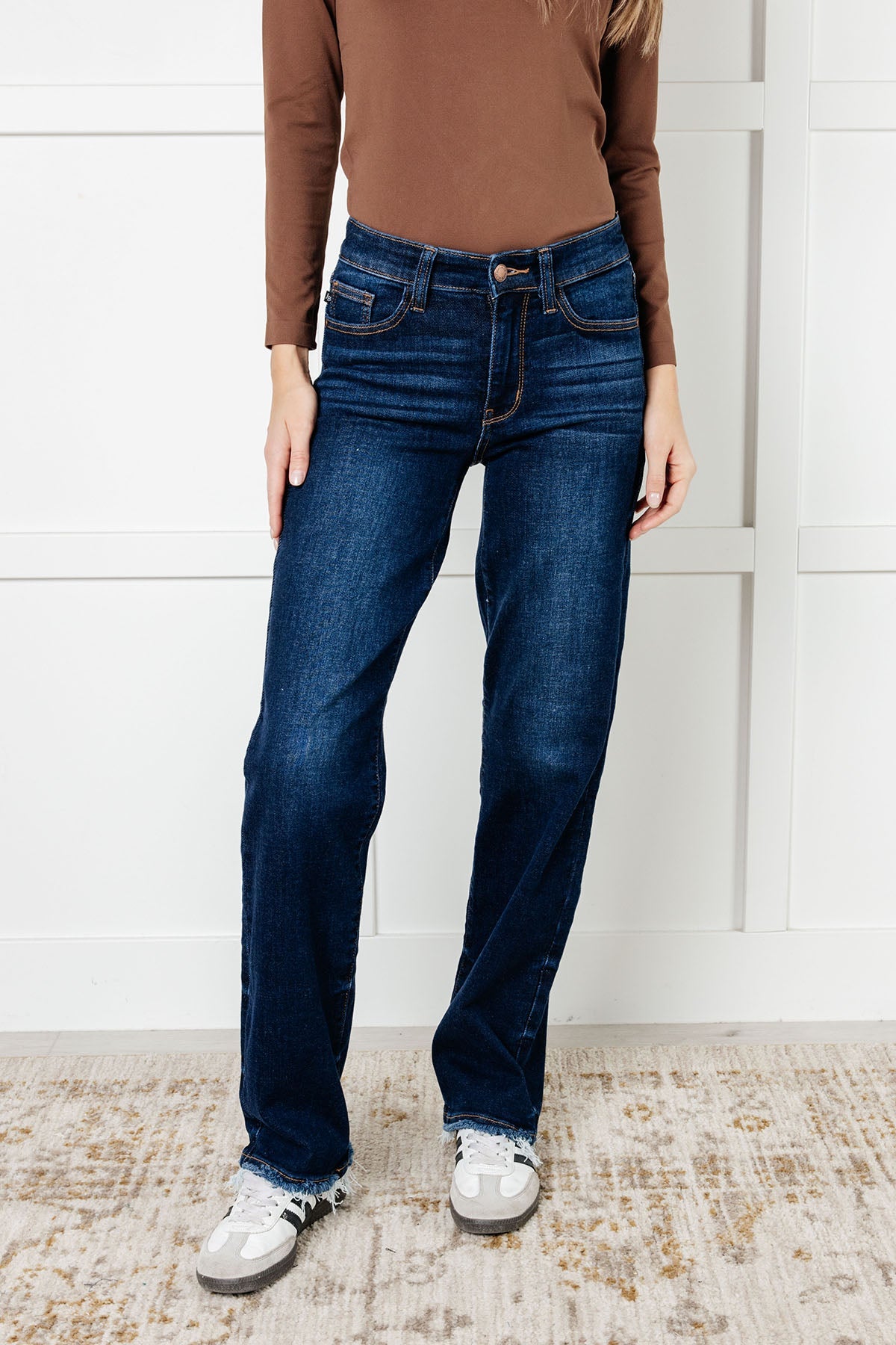 Jacqueline Mid Rise Frayed Hem Straight Leg Jean MadreForte LLC