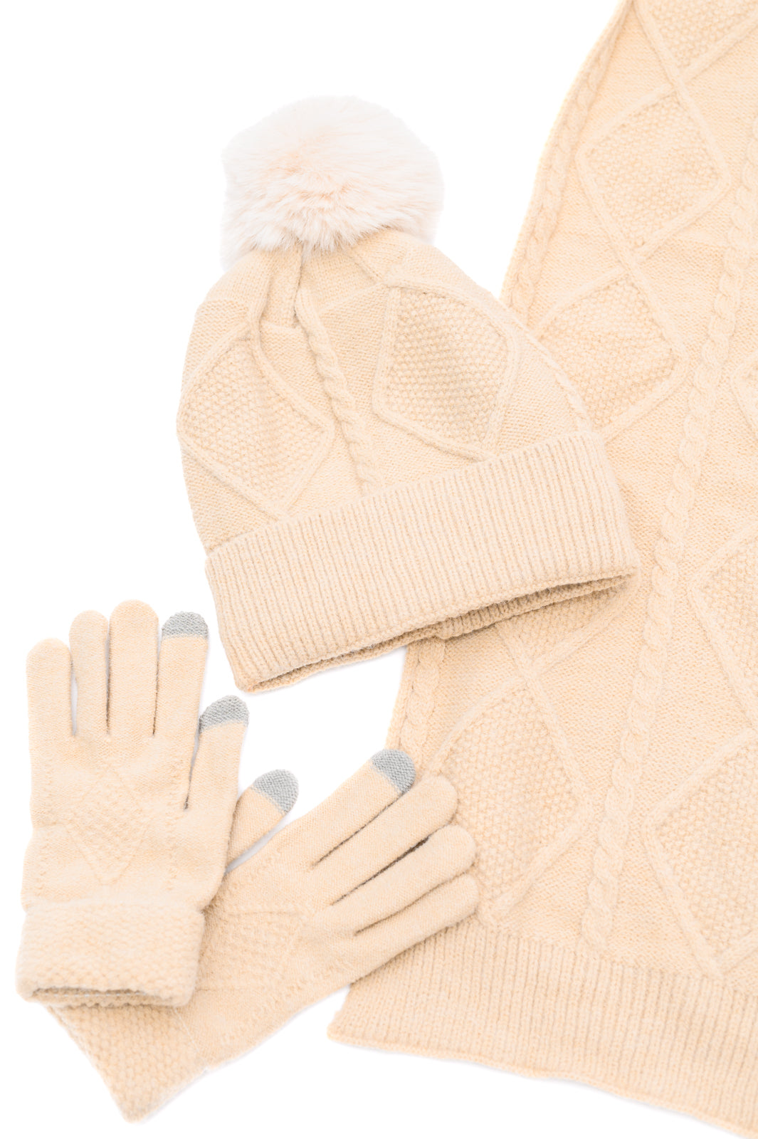 Jane Frost Beanie, Glove, and Scarf Set in Beige MadreForte LLC