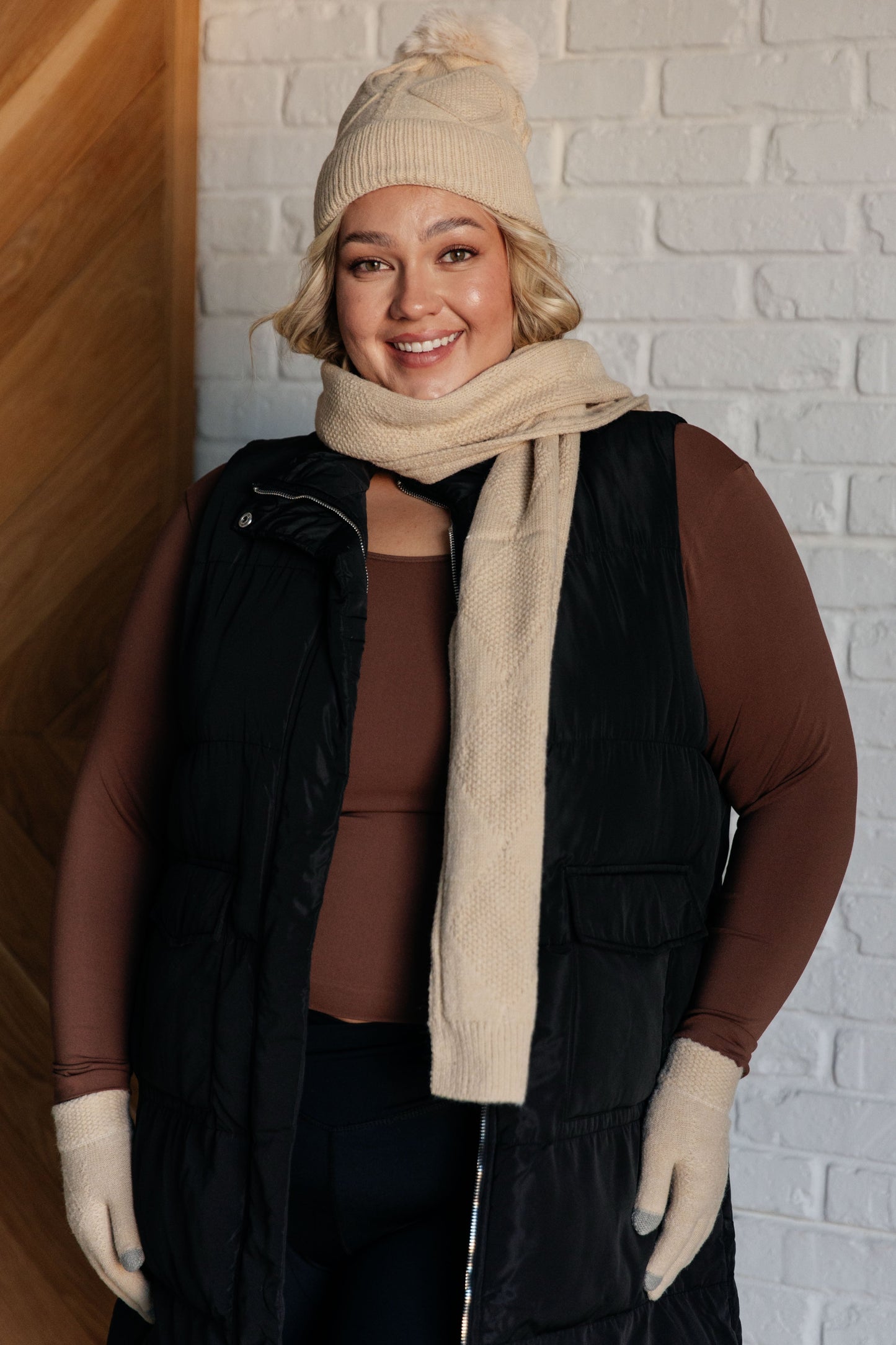 Jane Frost Beanie, Glove, and Scarf Set in Beige MadreForte LLC