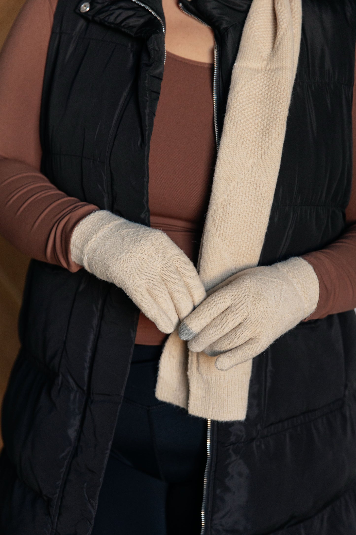 Jane Frost Beanie, Glove, and Scarf Set in Beige MadreForte LLC