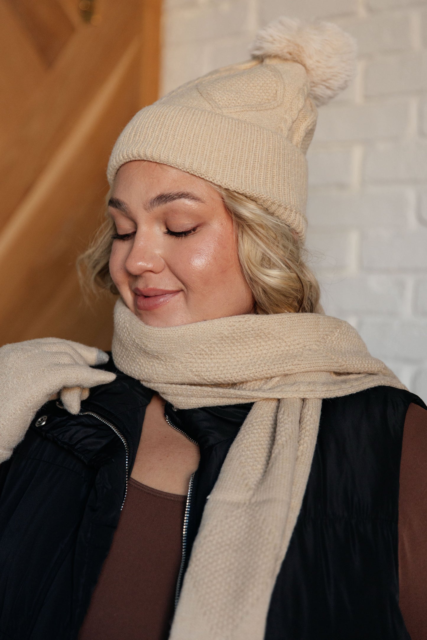 Jane Frost Beanie, Glove, and Scarf Set in Beige MadreForte LLC