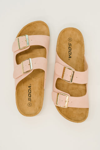 Jete Nubuck Double Buckle Slides in Blush
