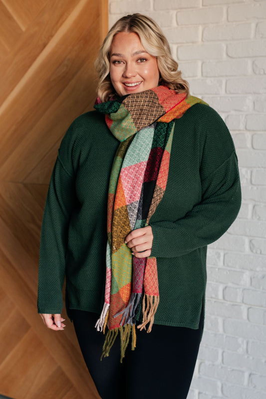 Keep Me Cozy Checkered Fringe Scarf in Berry MadreForte LLC