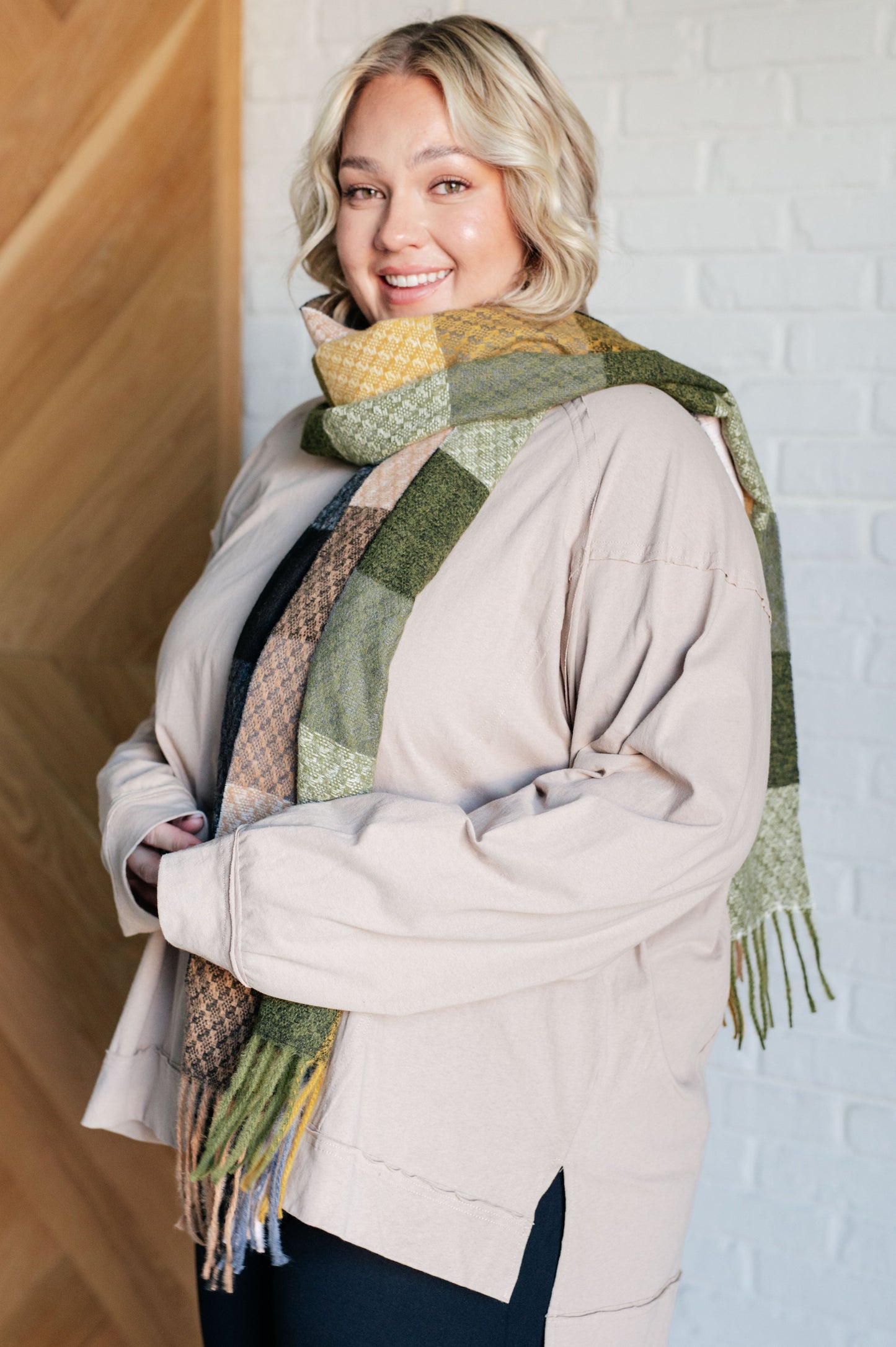 Keep Me Cozy Checkered Fringe Scarf in Woodland Shades MadreForte LLC