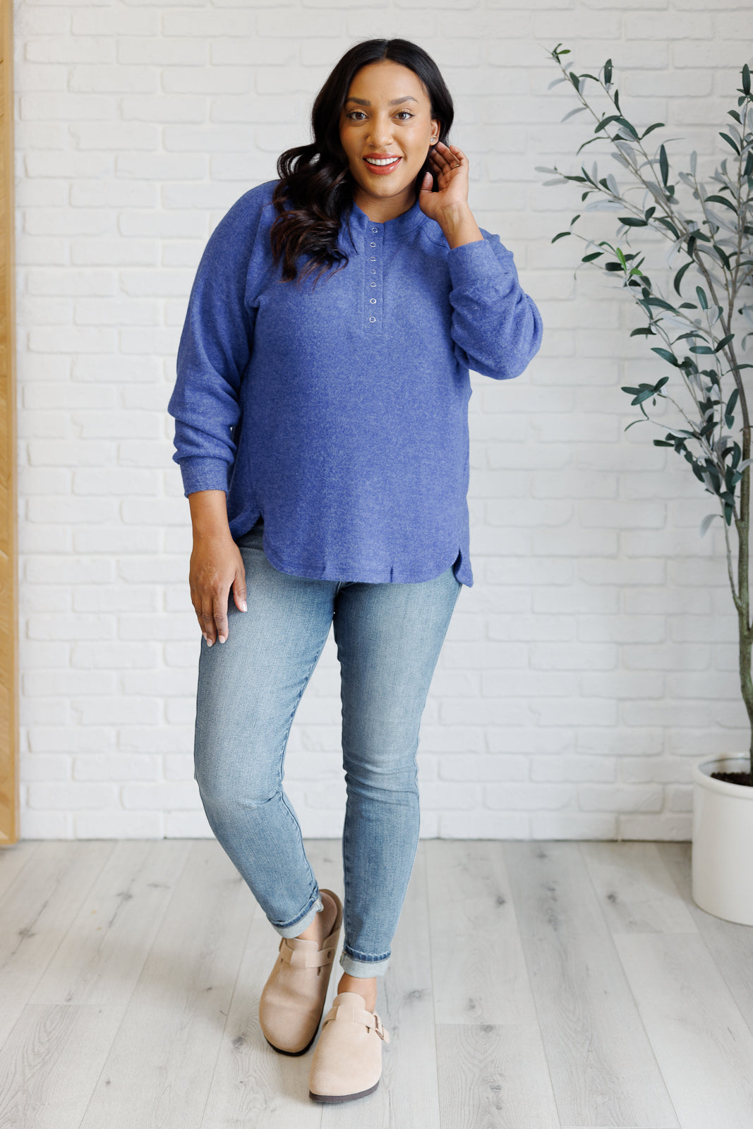 Keeping it Real Brushed Melange Hacci Long Sleeve Tee in Bright Blue MadreForte LLC