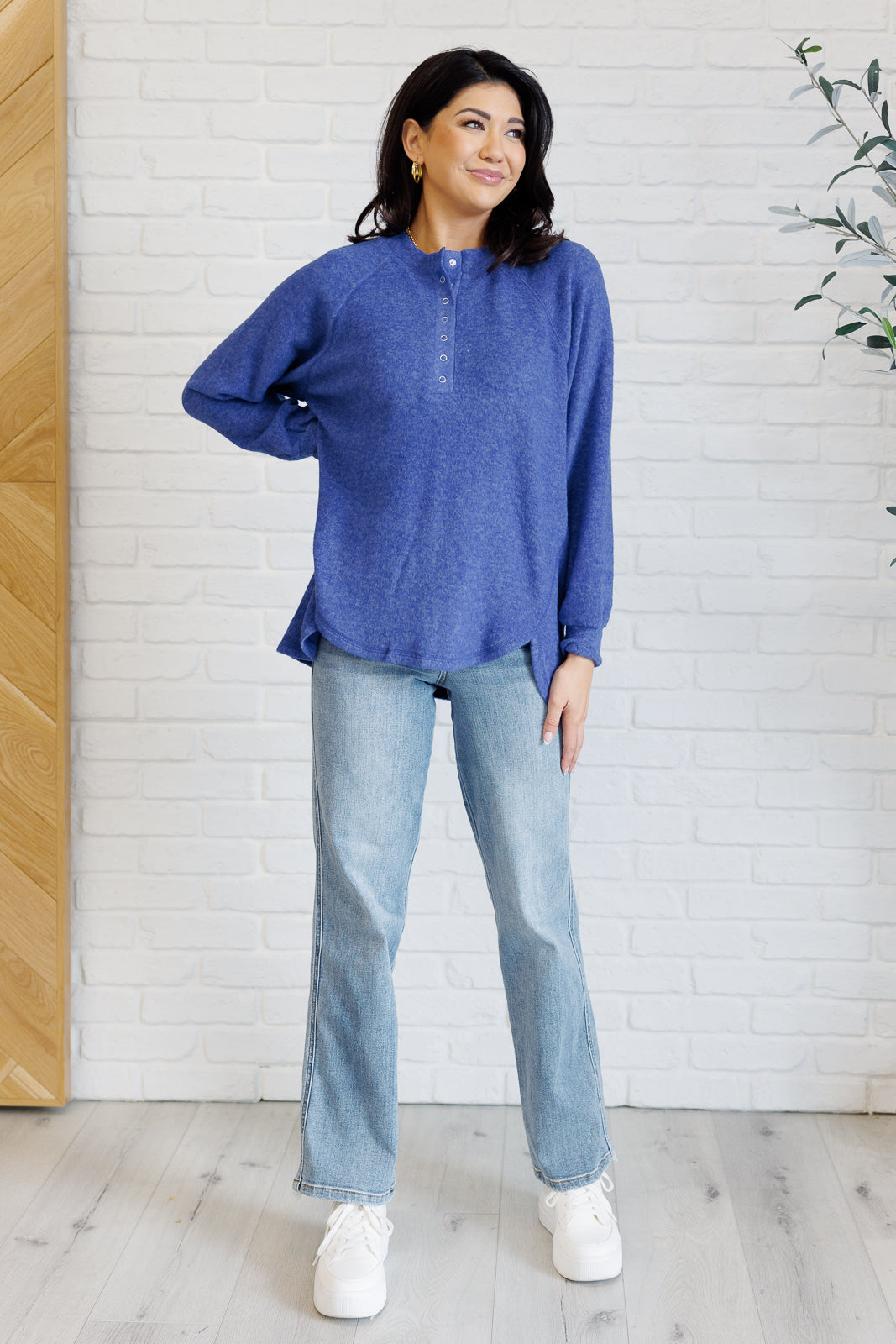 Keeping it Real Brushed Melange Hacci Long Sleeve Tee in Bright Blue MadreForte LLC