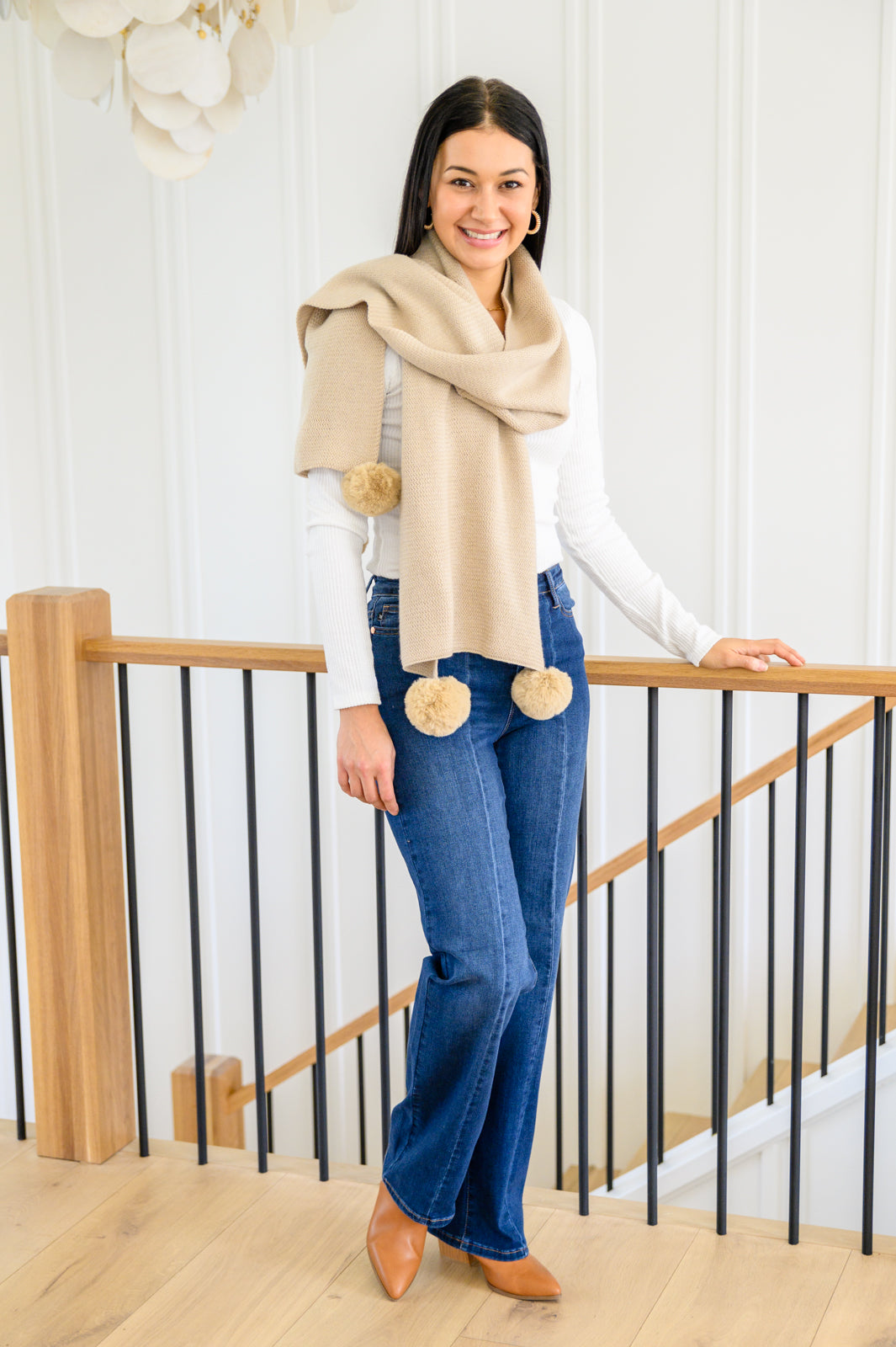 Knitted Fuzzy Pom Pom Scarf In Beige MadreForte LLC