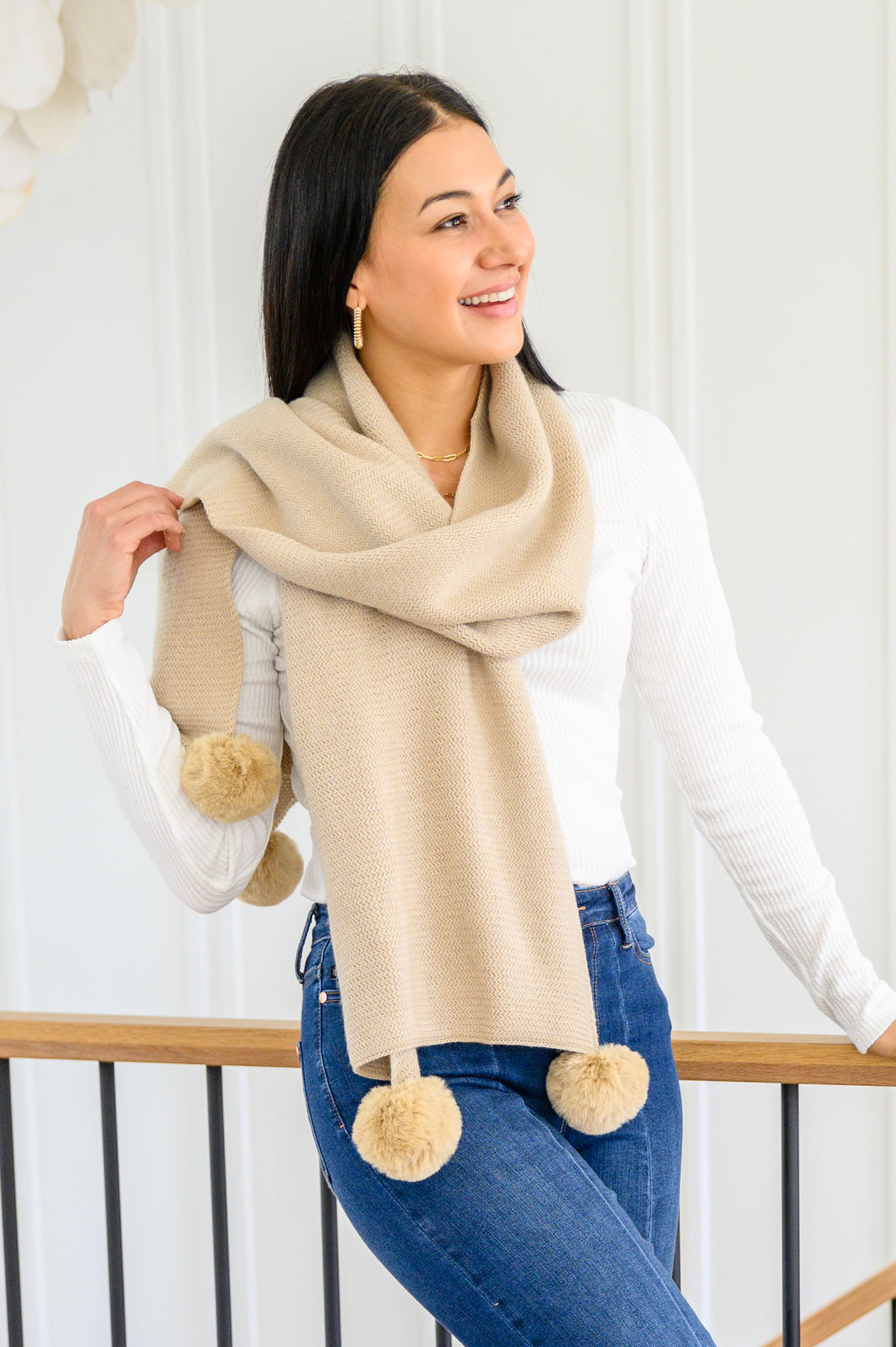 Knitted Fuzzy Pom Pom Scarf In Beige MadreForte LLC