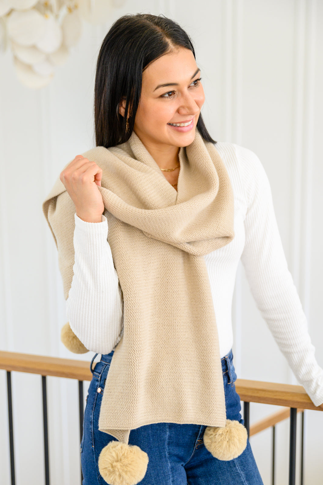 Knitted Fuzzy Pom Pom Scarf In Beige MadreForte LLC