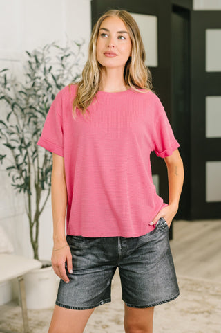 Leave It to Me Waffle Knit Relaxed Tee in  Pink