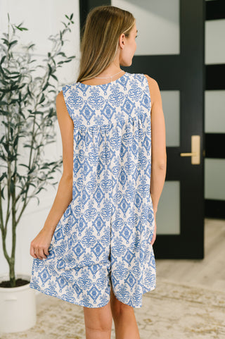 Miss Mischief V-Neck Romper in Blue