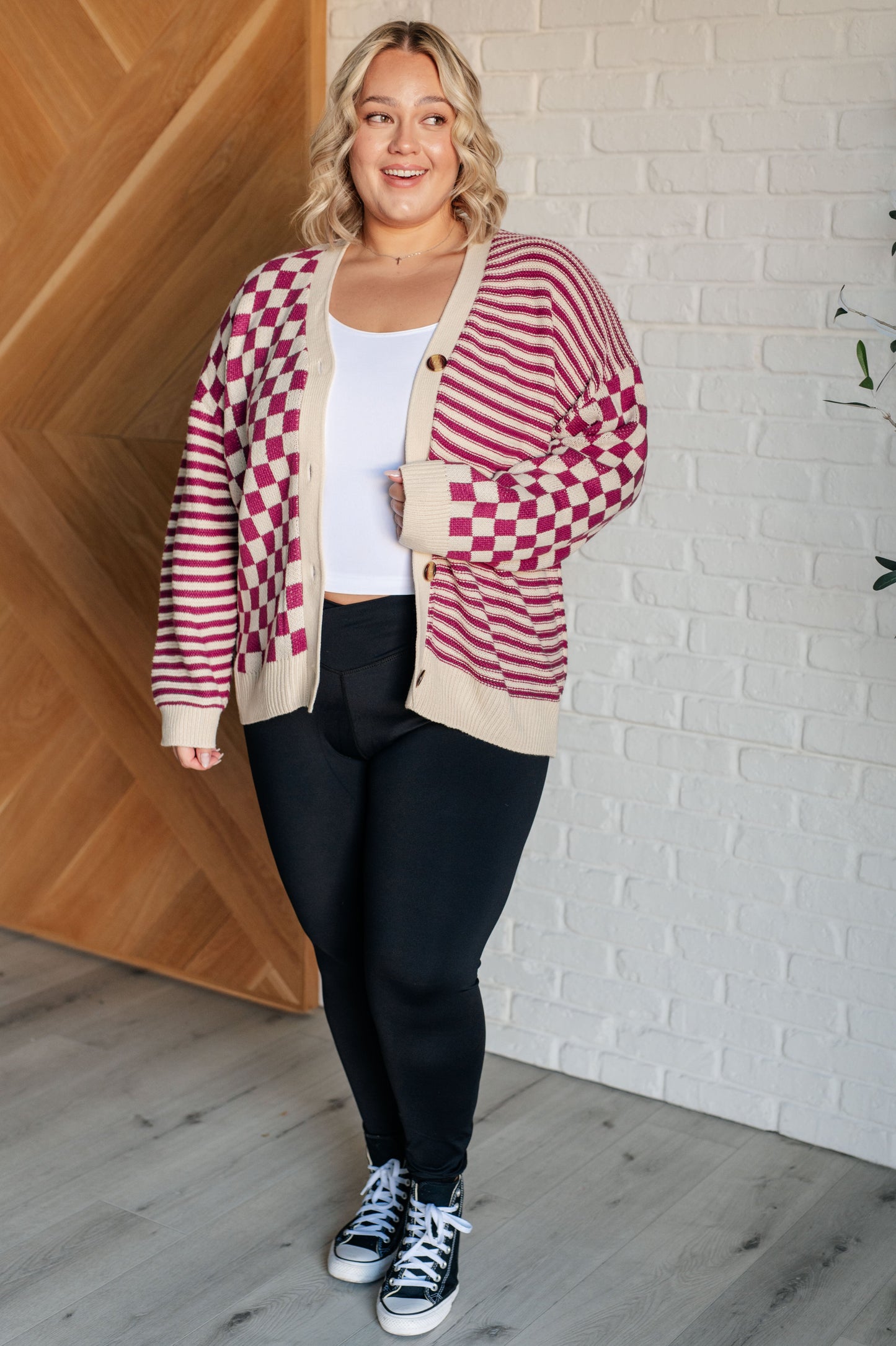 No Brainer Button Down Sweater Knit Cardigan in Magenta/Oatmeal MadreForte LLC