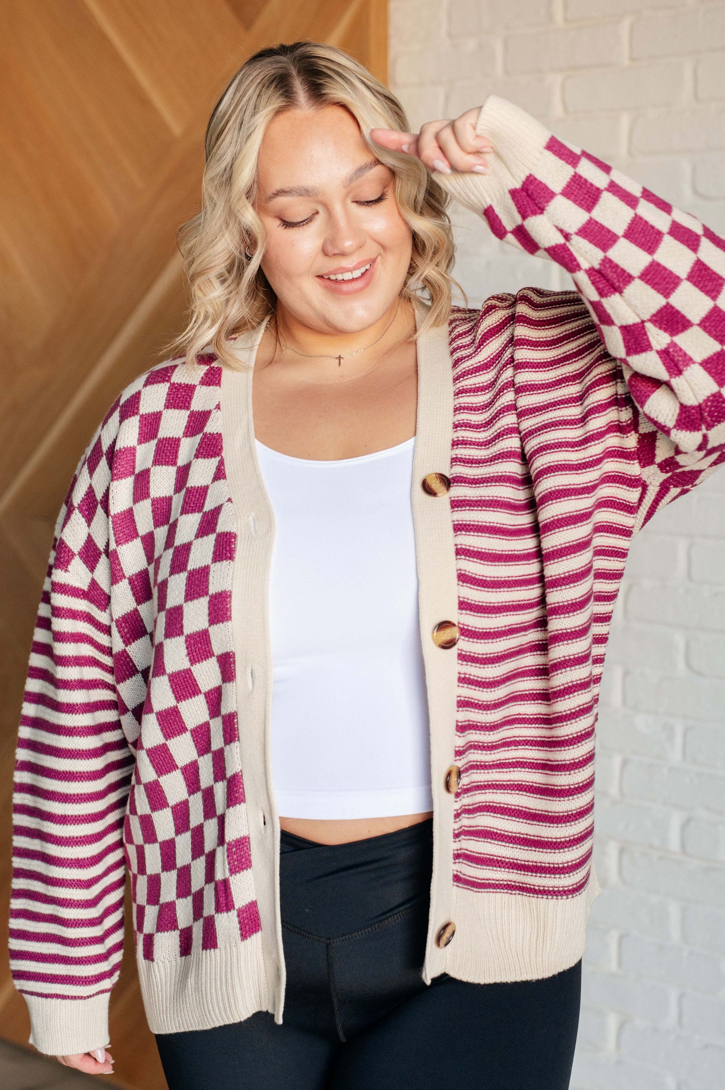 No Brainer Button Down Sweater Knit Cardigan in Magenta/Oatmeal MadreForte LLC