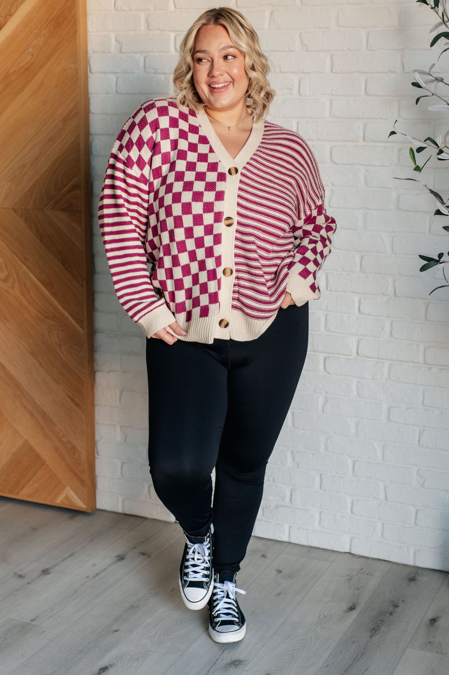 No Brainer Button Down Sweater Knit Cardigan in Magenta/Oatmeal MadreForte LLC