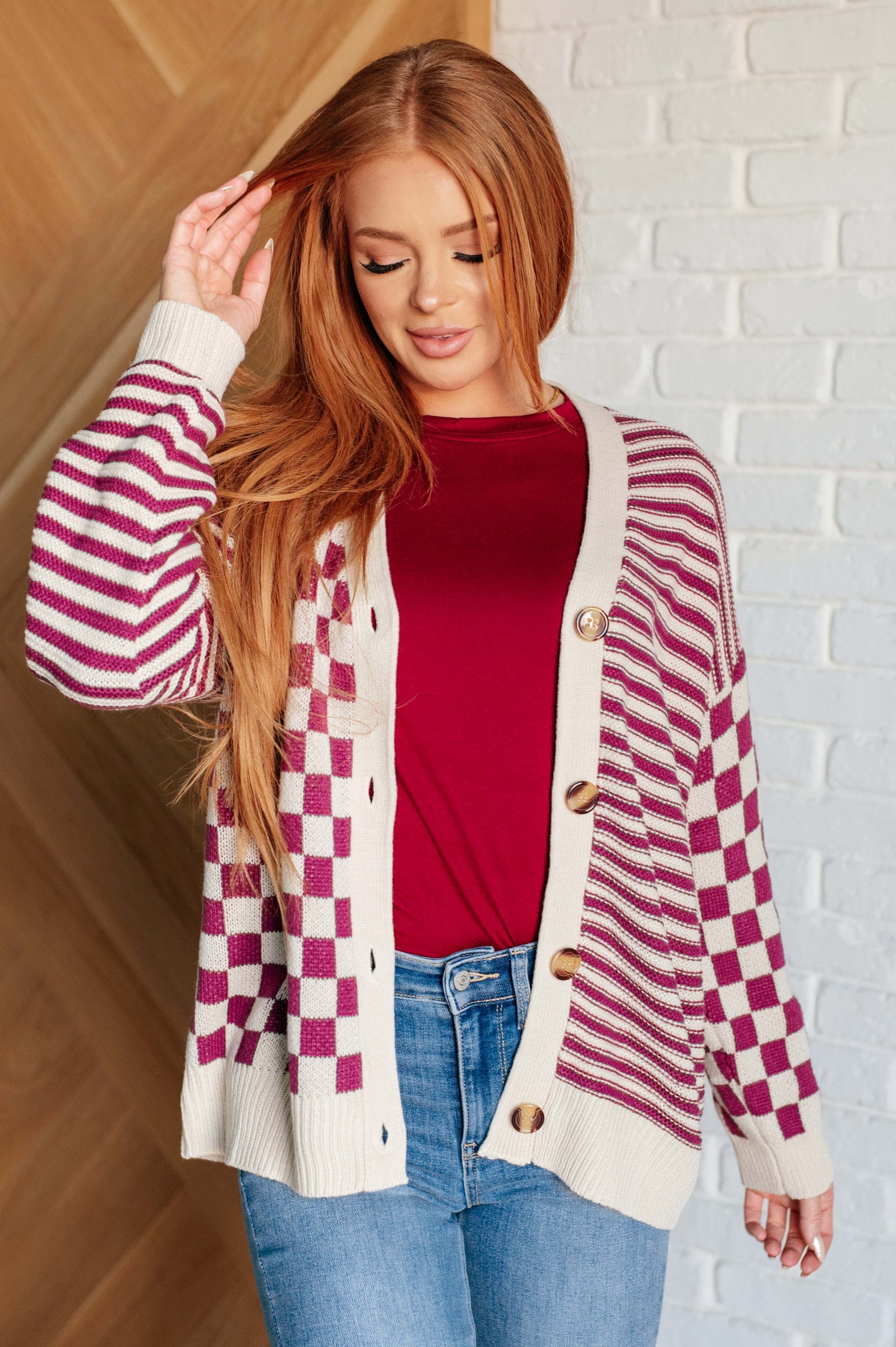 No Brainer Button Down Sweater Knit Cardigan in Magenta/Oatmeal MadreForte LLC