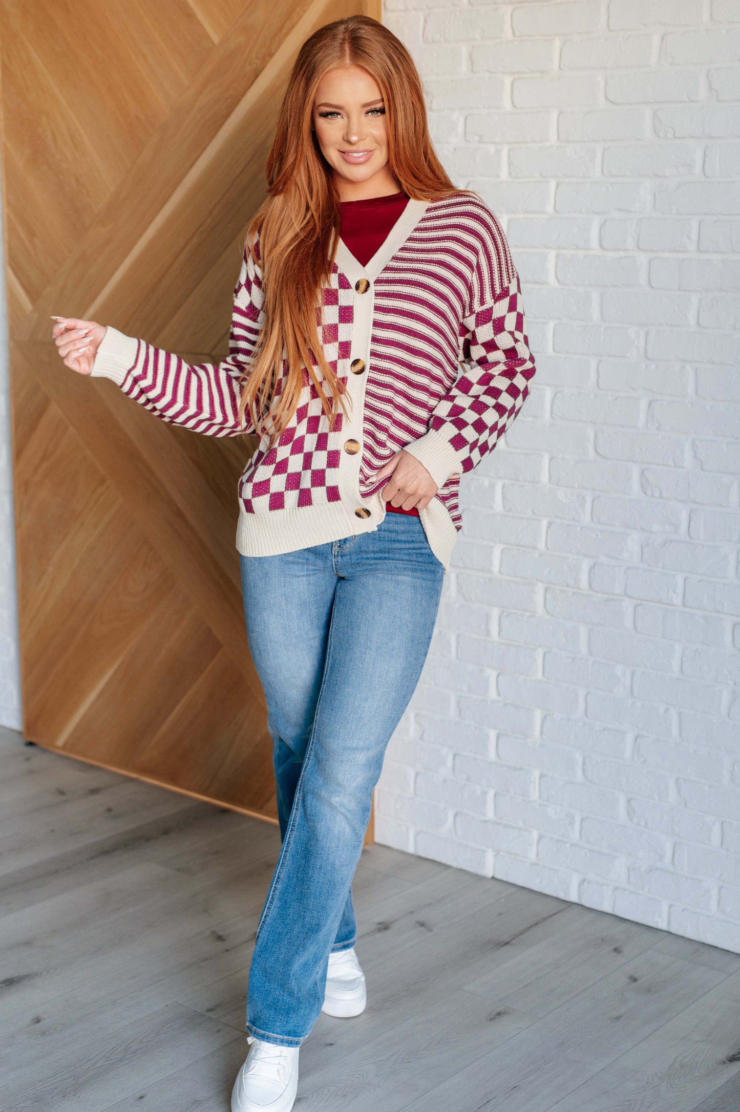 No Brainer Button Down Sweater Knit Cardigan in Magenta/Oatmeal MadreForte LLC