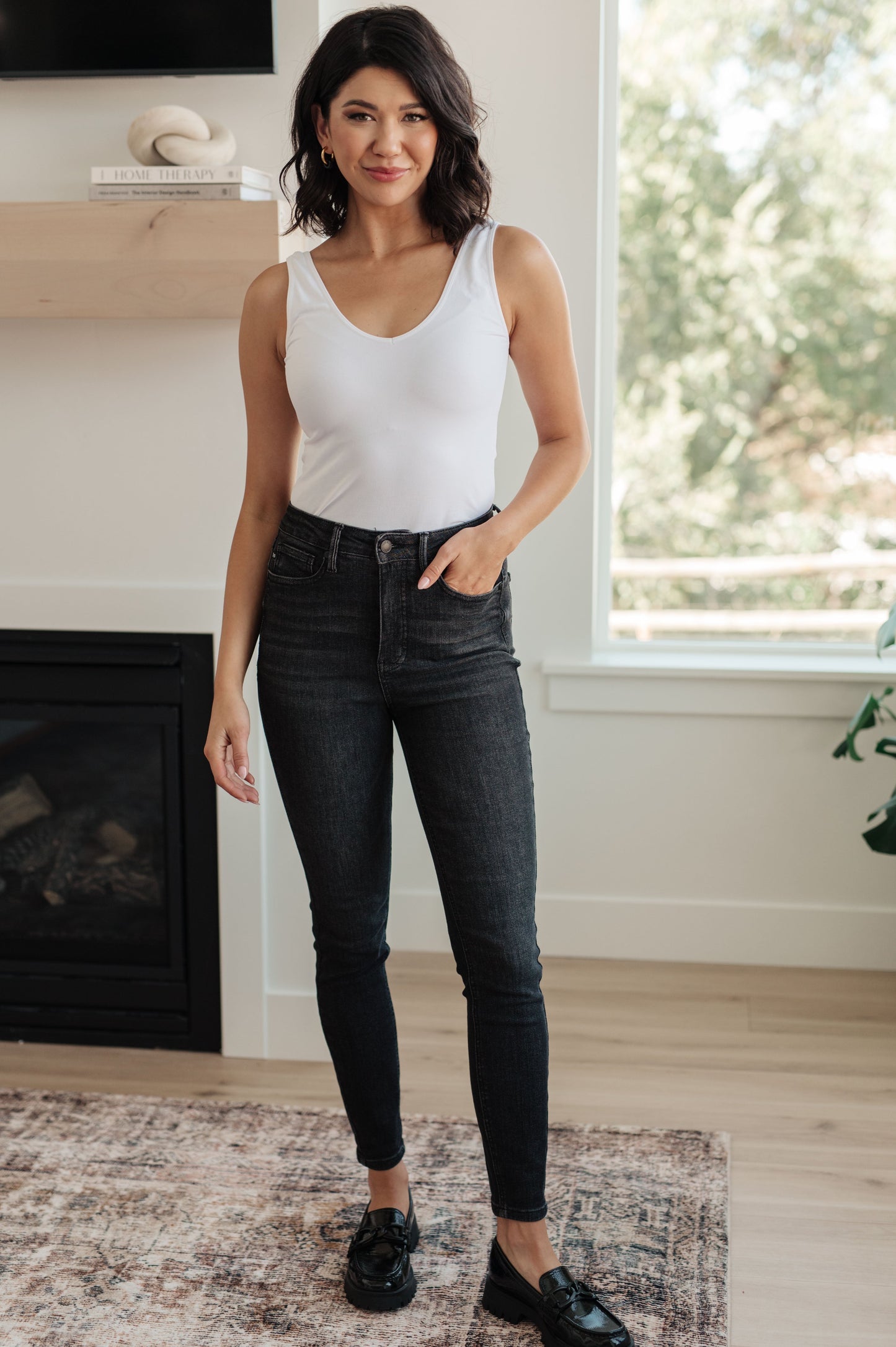 Octavia High Rise Control Top Skinny Jeans in Washed Black MadreForte LLC