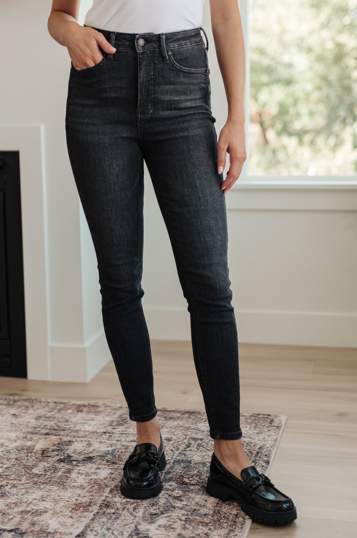 Octavia High Rise Control Top Skinny Jeans in Washed Black MadreForte LLC