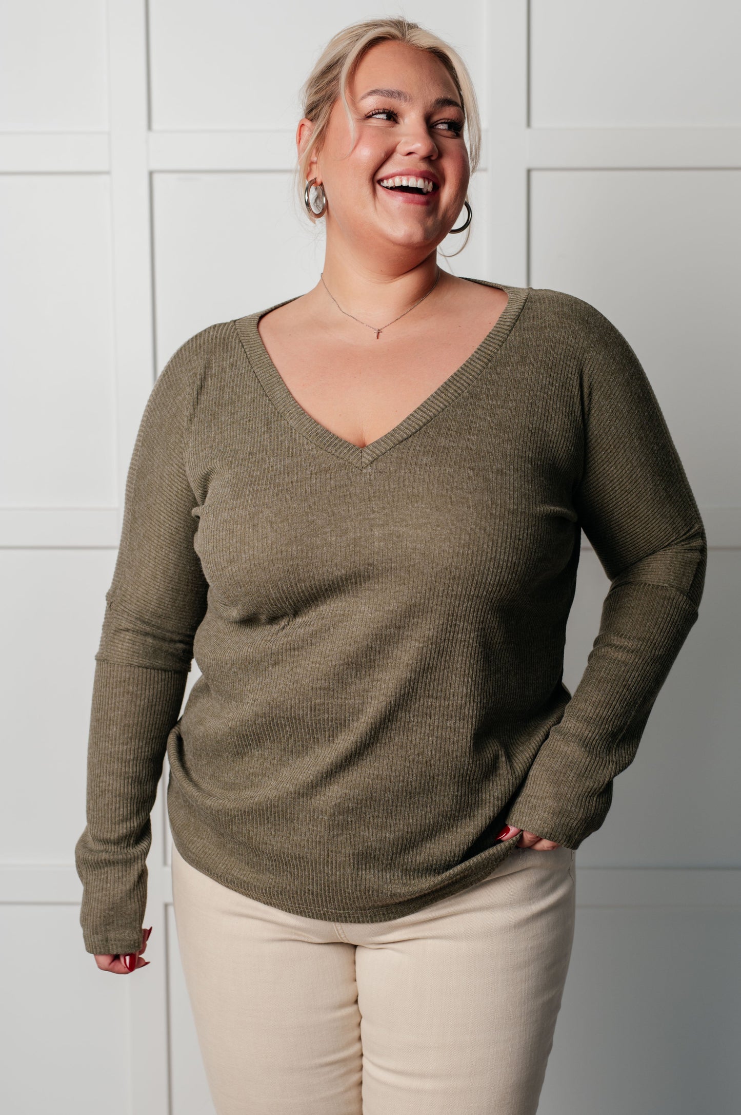 On a Roll Ribbed Knit V Neck Long Sleeve Top MadreForte LLC