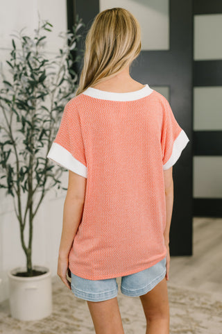 Open Knit Split V-Neck Top — Coral