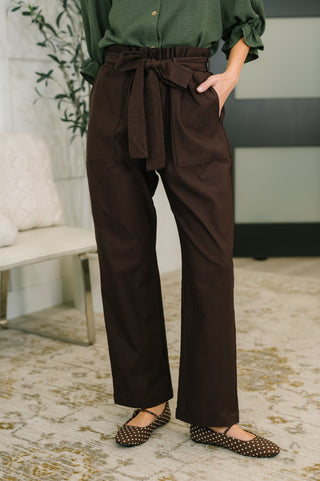Paper Bag High Waist Belted Trousers in Espresso Brown