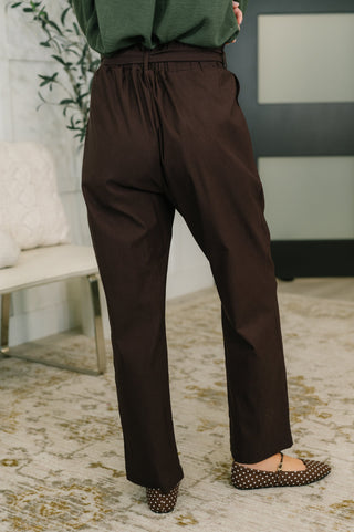 Paper Bag High Waist Belted Trousers in Espresso Brown