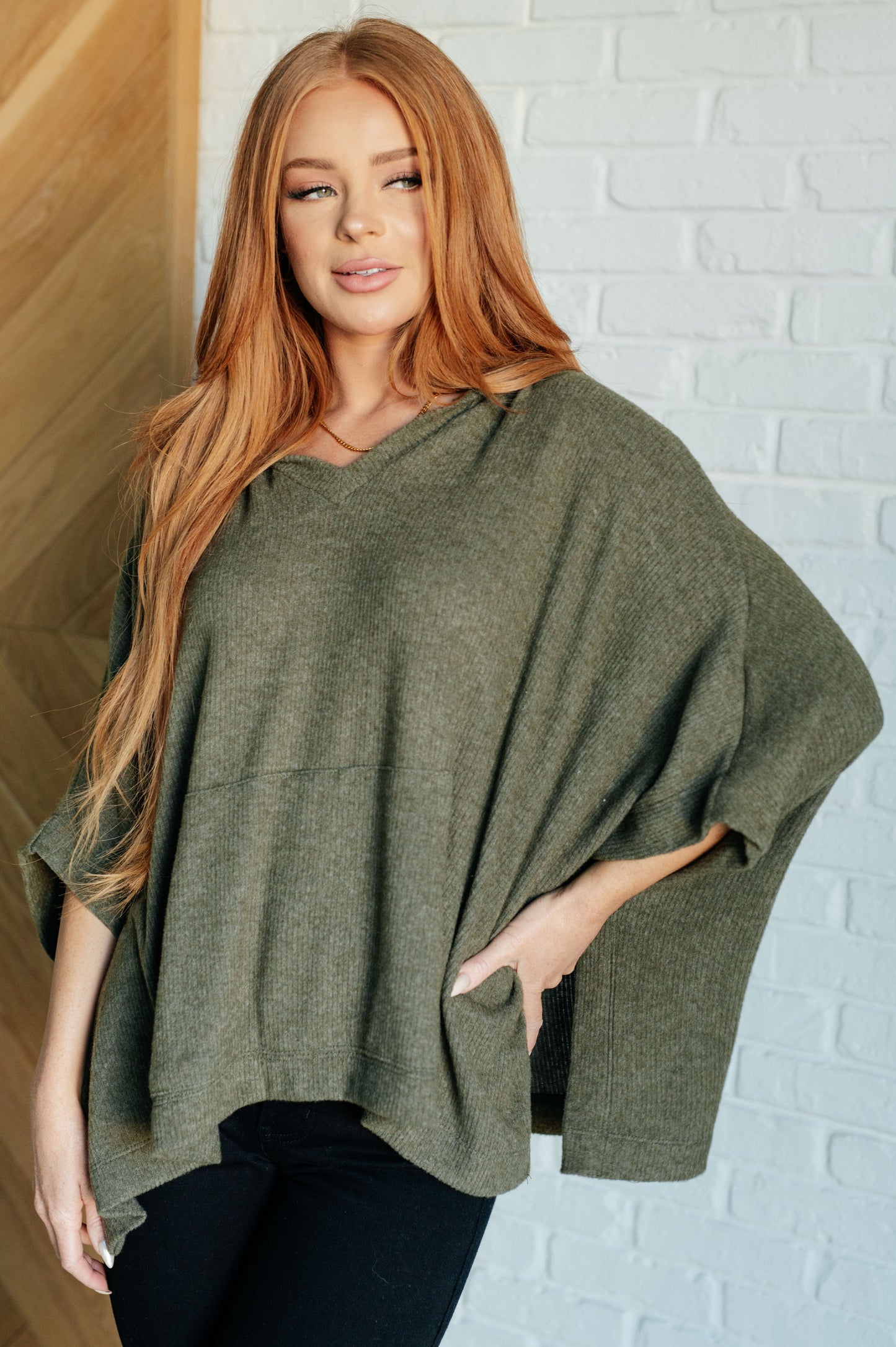 Perfectly Poised Hooded Poncho in Olive MadreForte LLC