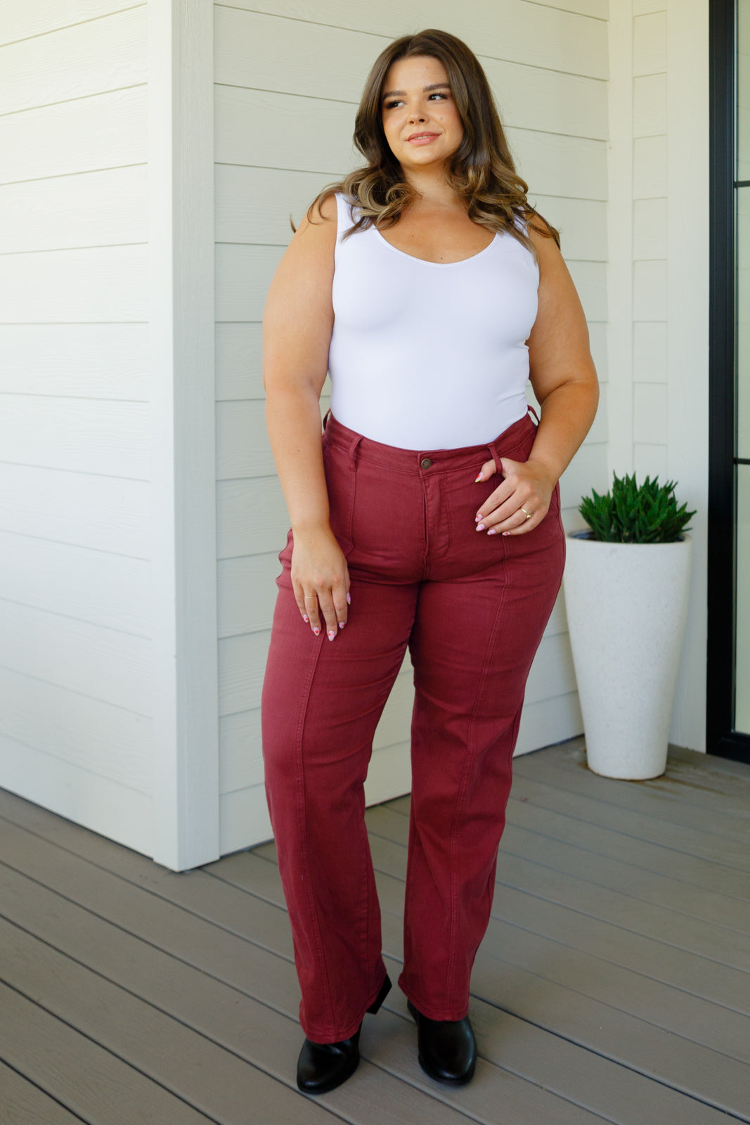 Phoebe High Rise Front Seam Straight Jeans in Burgundy MadreForte LLC