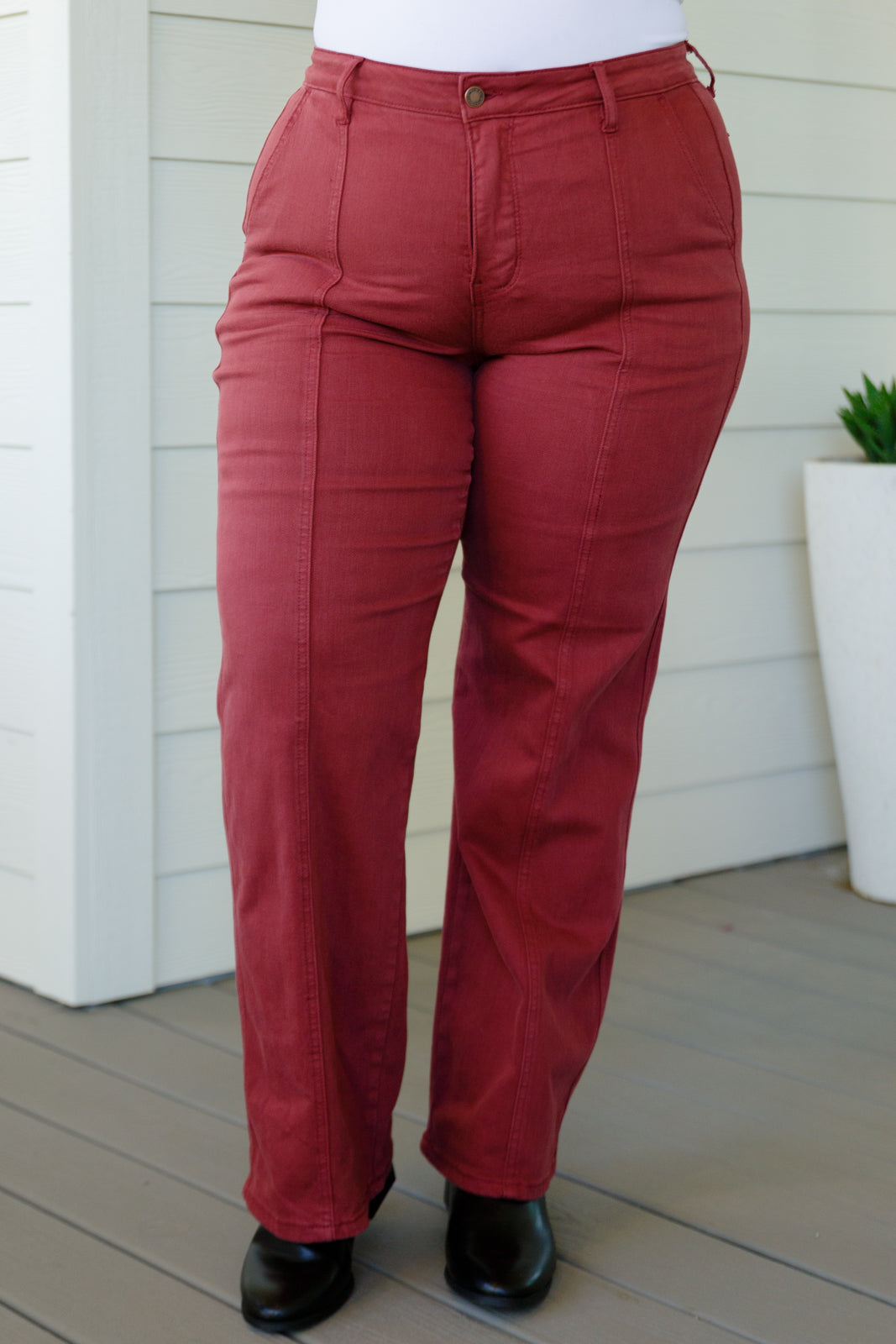 Phoebe High Rise Front Seam Straight Jeans in Burgundy MadreForte LLC