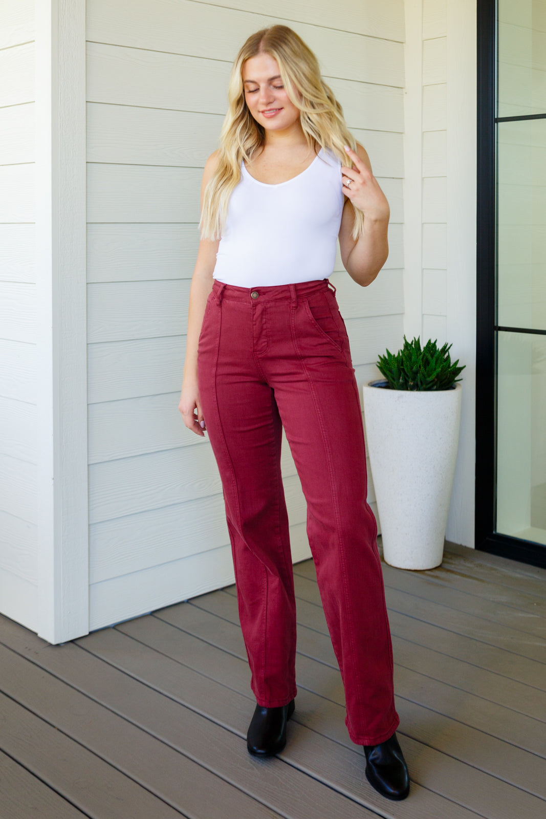 Phoebe High Rise Front Seam Straight Jeans in Burgundy MadreForte LLC