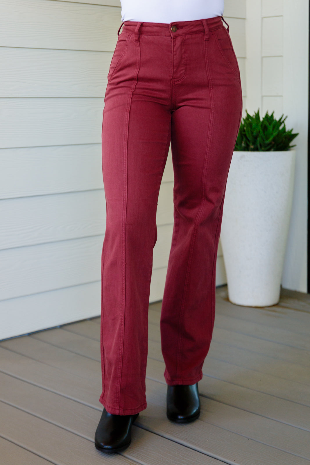 Phoebe High Rise Front Seam Straight Jeans in Burgundy MadreForte LLC