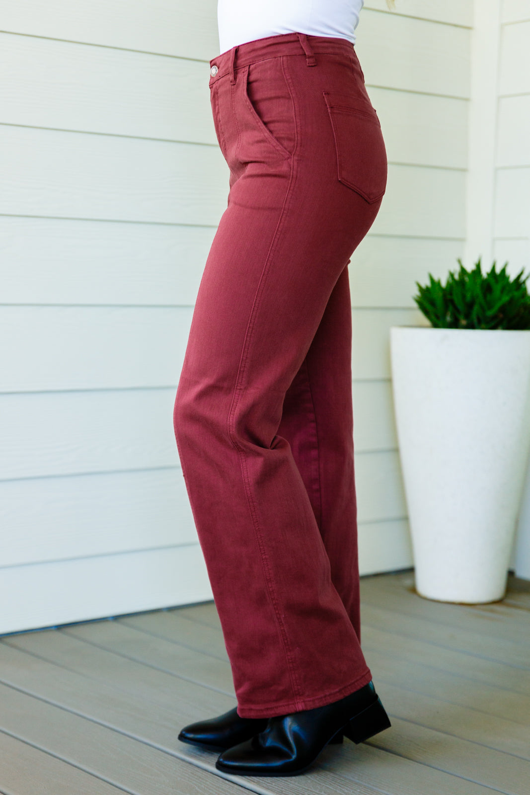 Phoebe High Rise Front Seam Straight Jeans in Burgundy MadreForte LLC