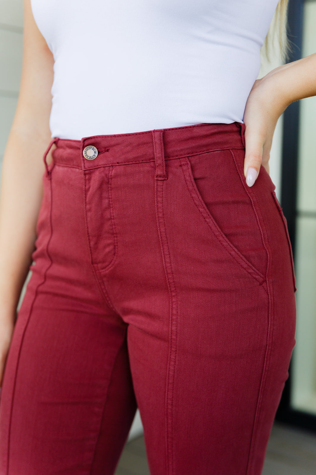 Phoebe High Rise Front Seam Straight Jeans in Burgundy MadreForte LLC