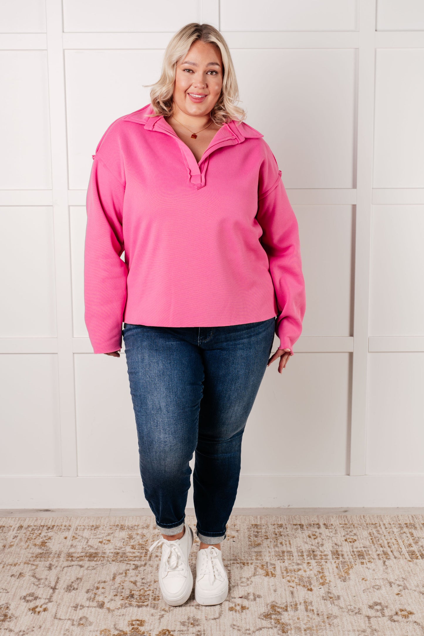 Same Ol' Situation Collared Pullover in Hot Pink MadreForte LLC