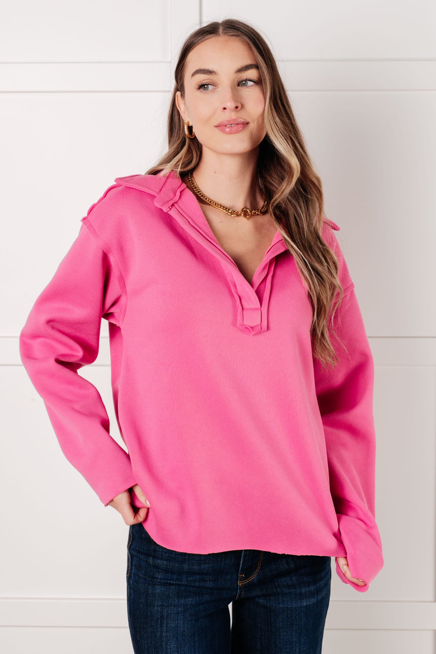 Same Ol' Situation Collared Pullover in Hot Pink MadreForte LLC