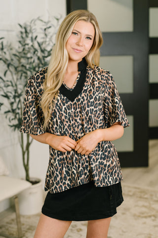 Sassy Season Split Neck Leopard Print Blouse